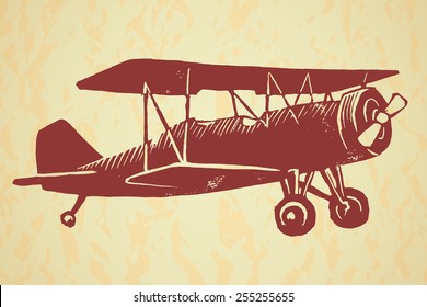 Vector linocut vintage airplane isolated on the background textured with crumbled paper