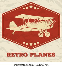 Vector linocut vintage airplane. Polygonal stamp with stars. Isolated on background with texture of crumbled paper. With text Retro planes