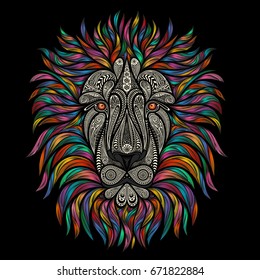 Vector lion of beautiful patterns with a color mane on a black background