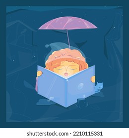 Vector lion cube reading a book and sitting under umbrella at night or late in the evening. Nearby him there is a cat and a cup of tea or coffee with smoke. The background performs the night town.