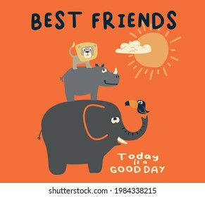 vector lion and elephant and rhino comic illustration for kids print