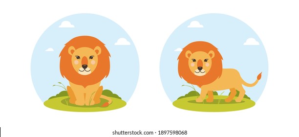 Vector lion in flat cartoon style with landscape. Sitting and walking animal, front and side view. Cute children's illustration on white background. EPS10