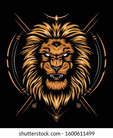 vector lion head gold with ornament background. king of lion illustration for shirt design