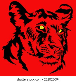Vector lion head on a red background.