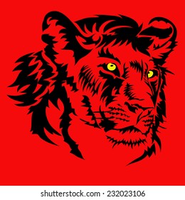 Vector lion head on a red background.