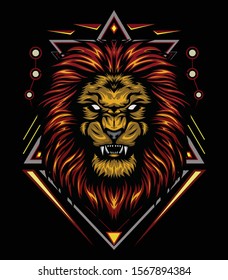vector lion head with ornament background. king of lion illustration for shirt design