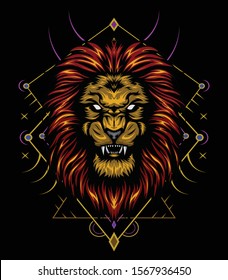 vector lion head with ornament background. king of lion illustration for shirt design