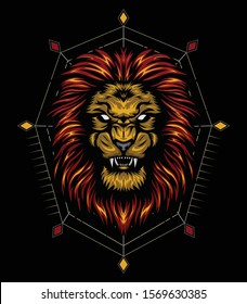 vector lion head with ornament background. king of lion illustration for shirt design