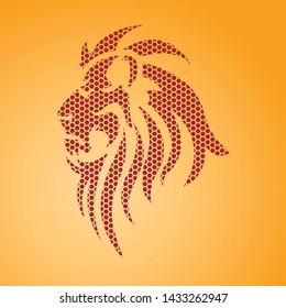 Vector of a lion head with a red hexagon pattern. Orange background. Illustration of a lion's head.
