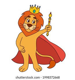 Vector lion king in crown and mantle with scepter isolated on white background, illustration of lion with outline in cartoon style for children