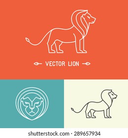 Vector lion logo template in trendy hipster  linear style - set of abstract emblems and concepts- mono line icons