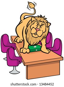 vector of lion on conference table, protecting laptop computer
