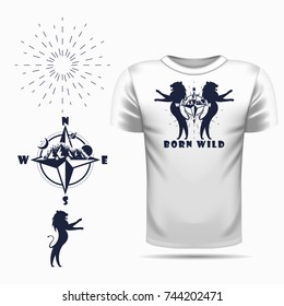 Vector lion silhouette view side for retro logos, emblems, badges, labels template vintage design element. Isolated on t-shirt blank