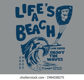 Vector Lion Surfer Comic Illustration For T Shirt Print