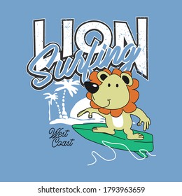 vector of lion surfing, cute lion, animal, west coast, unique vector for t shirt