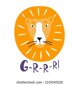 vector lion wild animal head with word grrr on white childish design for kids paper textile 