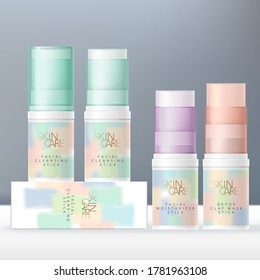 Vector Lip Balm, Face Cleanser or Beauty Clay Mask Stick Pastel Color Semi Transparent Tube Packaging. Pastel Abstract Paints Design.