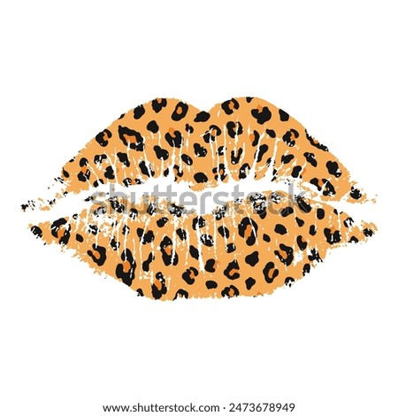Vector lip imprint with a spotted leopard texture isolated on a white background. Decorative element suitable for various print and design purposes.