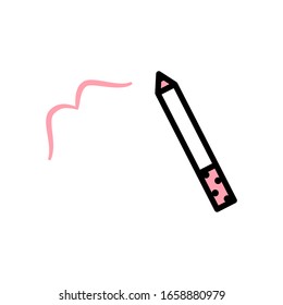 Vector lip pencil icon with black stroke, white and pink fill. Lip liner leaves a pink strokes on a white background lip shaped