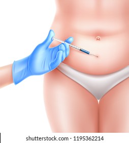 Vector liposuction surgery concept with doctor hand in sterile blue glove with syringe making lipolytic injection to obese overweight naked woman body. Belly area cellulite plastic operation