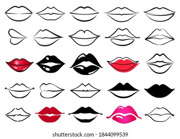 Vector Lips collection. Lips logo set, symbol, sign isolated on white background. Black outline illustration, line art. Flat design shapes, elements.
