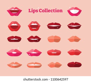 Vector lips collection set. Female fashion various moth shapes smiling, visible teeth. Simple flat style illustration.