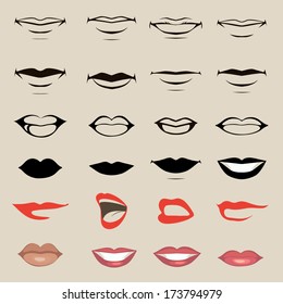 vector lips and mouth,  silhouette and glossy, open and close up, man and woman face parts