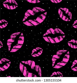Vector lips pomade imprint. Seamless pattern woman lipstick kiss on black background. Pink kisses for romantic, wedding and valentine backgrounds.