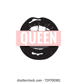 Vector Lips With Queen Sign. Cool Modern Print In Pop Art Style. Feminist Glamour Mouth, Swag Teen Culture Illustration. Cool Modern Passion Art. Black White Poster