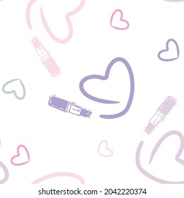 Vector Lipstick Hearts in Pastel Shades on White seamless pattern background. Perfect for web design fabric, wallpaper and scrapbooking projects.