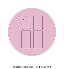 Icono vectorial de lápiz labial en un círculo rosa sobre un fondo blanco.