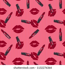 vector lipstick and kiss pattern on pink background