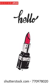 Vector lipstick with motivational text: hello. Fashion accessory illustration in glamour style for beauty salon, shop, blog print. Isolated symbol on white background.
