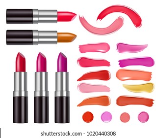 Diseño de embalajes vectoriales y muestras de frotis de labios. Ilustración 3D realista aislada de fondo blanco.