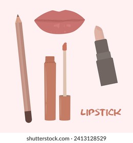 Vector lipstick set. Cosmetic and makeup product collection of Lip pencil, Liquid lipstick for women. Lip gloss brush isolated on pink background. Make-up accessory for beauty. Colored flat vector
