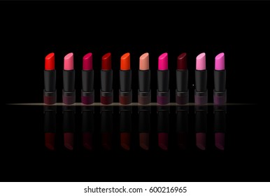 Vector lipstick set on black background. Beauty illustration
