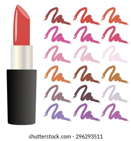 Vector lipstick and smear on a white background. Red lipstick. The color palette of lipsticks.