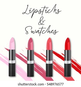 Vector lipsticks set with grunge brush swatches, cosmetics concept. Woman's cosmetics lipgloss elements and hand drawn text.