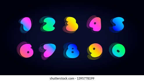Vector liquid amoeba font. Cartoon illuminated multicolor gradient numbers isolated on black. Concept of night life, fashion, holiday. Trendy design for special advertising campaign web, store, club