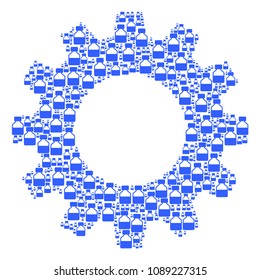 Vector liquid bottle icons are organized into gear wheel composition. Engineering design concept constructed with liquid bottle components.