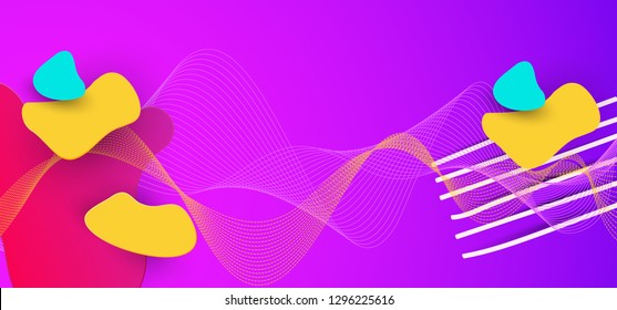 Vector liquid color abstract geometric shapes on purple background with neon colors. Dynamical colored forms and line abstract banners with flowing fluid organic shapes.