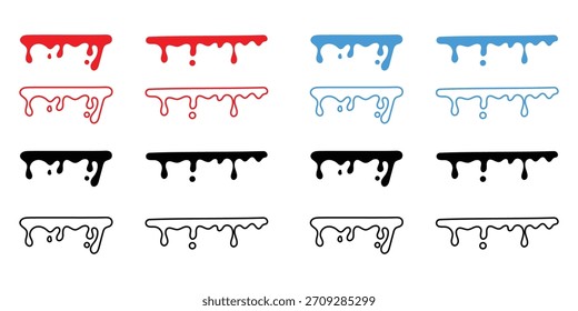 Conjunto de ícones de conta-gotas de líquido vetorial. Símbolos de gota de água vermelhos e azuis com efeito de ondulação para a ciência, óleo ou logotipo de pureza