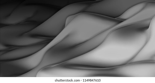 Vector liquid, flow surface illustration. Monochrome bstract cloth background. Wavy modern backdrop. Dark fond. Folded fabric. Black and grey gradients.