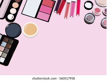 Vector liquid lipstick, eyeshadow, face powder, blush and other cosmetics isolated on rose background. Top view.