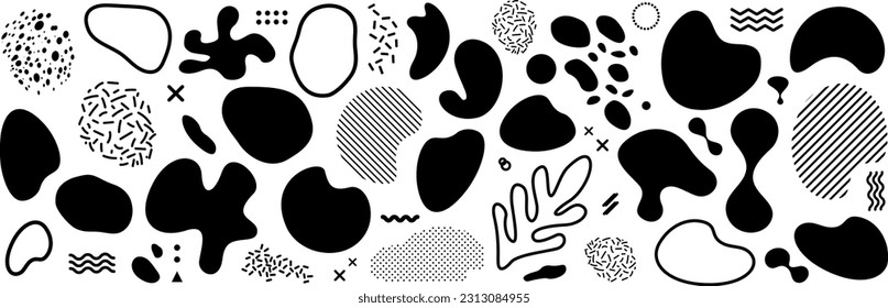 Vector liquid shadows random shapes. Black blobs, round abstract organic shape collection. Pebble, drops and stone silhouettes. Vector illustration