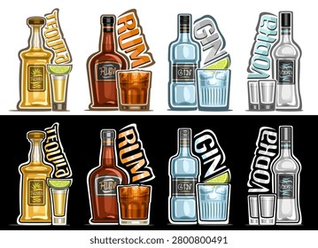 Vector Liquors Set, collection of 8 isolated illustrations brown and yellow liquor bottles and caballito glass for restaurant menu, alcoholic beverages with liquor names on black and white background