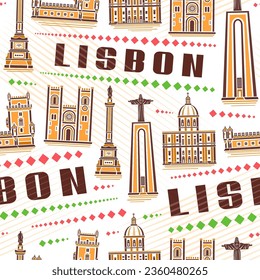 Vector Lisbon Seamless Pattern, repeat background with illustration of famous yellow lisbon city scape on white background for wrapping paper, decorative line art urban poster with brown text lisbon