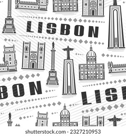 Vector Lisbon Seamless Pattern, repeating background with illustration of famous european lisbon city scape on white background for bed linen, monochrome line art urban poster with black word lisbon