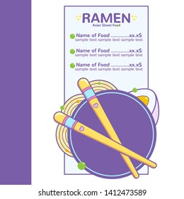 Vector list of background, template for menu with place for price and product composition. Kawaii art for Asian food, ramen shop, noodle cafe or sushi restaurant menu, flyer. Chopsticks, ramen and egg