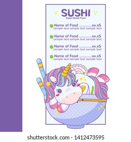 Vector list of background, template for menu with place for price and product composition. Kawaii art for Asian food, ramen shop, noodle cafe or sushi restaurant menu, flyer. Unicorn with ramen plate